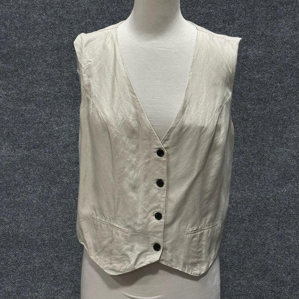 Love Whit Vest Womens 6 Beige Linen Blend Twill Button Front Lined Pockets